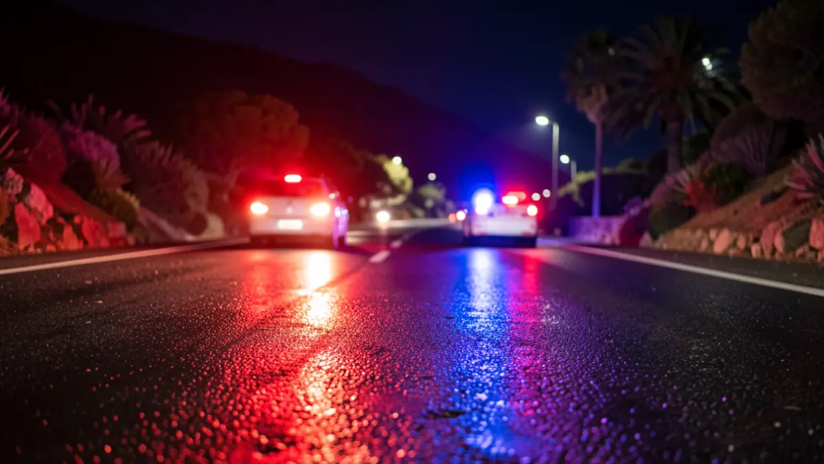 Imagen genérica de luces de emergencia policiales reflejándose en el asfalto mojado por la noche.