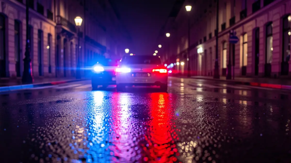 Imagen genérica de luces de emergencia policiales reflejándose en el asfalto mojado por la noche.