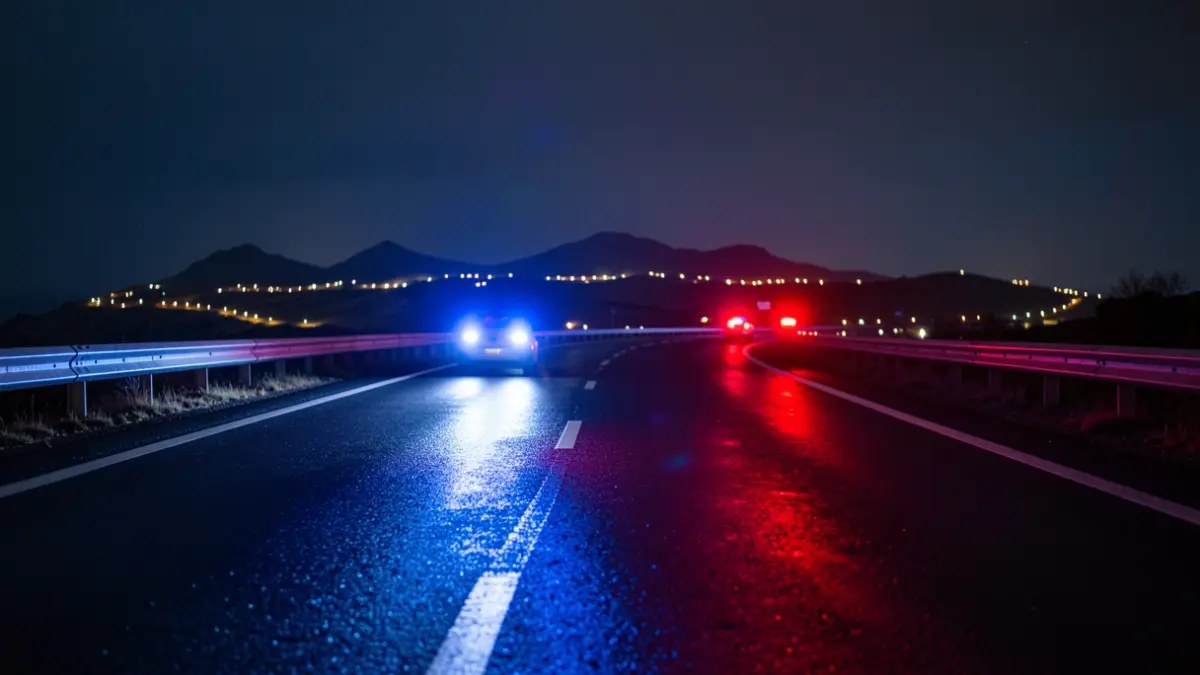 Generic image of police emergency lights reflecting on wet asphalt of a highway at night.