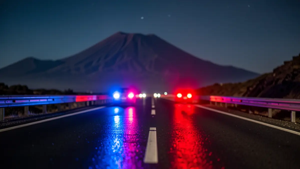 Imagen genérica de luces de emergencia policiales reflejándose en el asfalto mojado de una carretera en Tenerife por la noche.