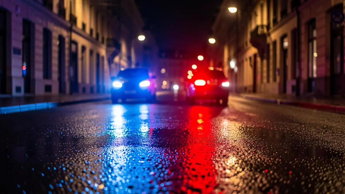 Generic image of police emergency lights reflecting on asphalt at night.
