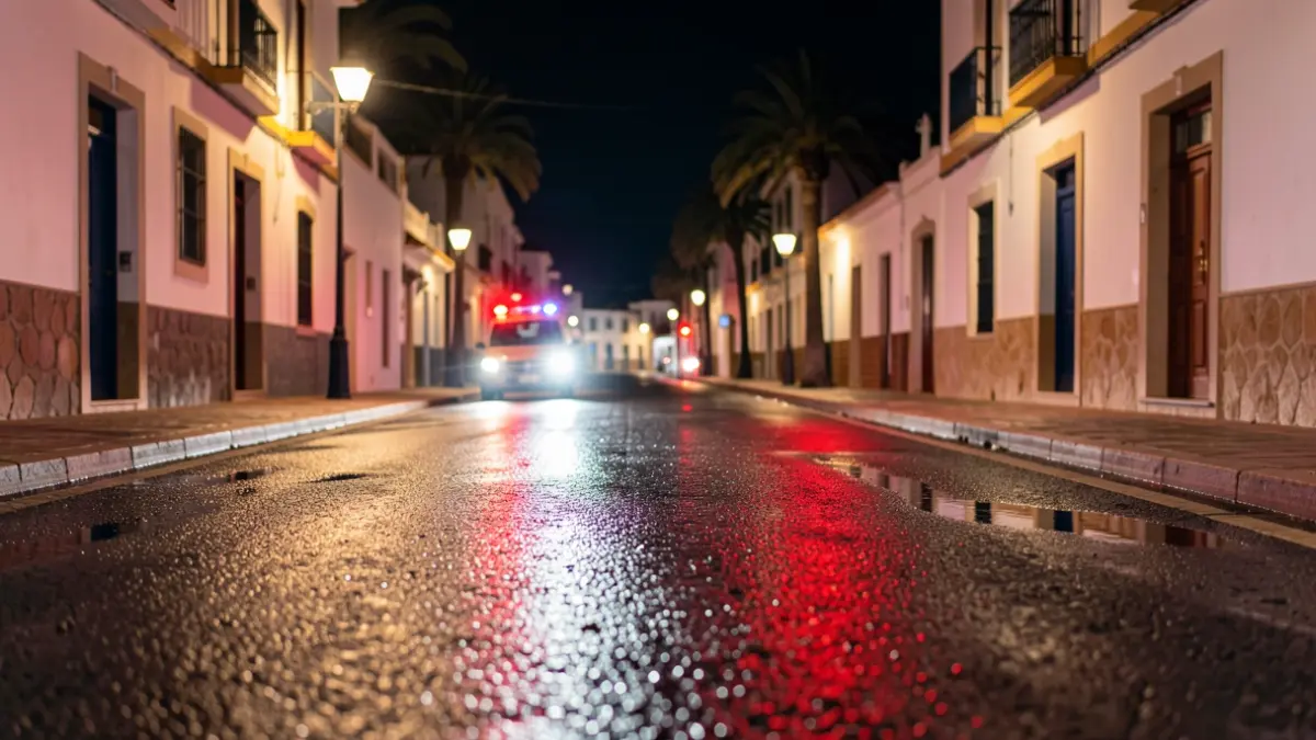 Generic image of emergency lights reflecting on wet asphalt at night.