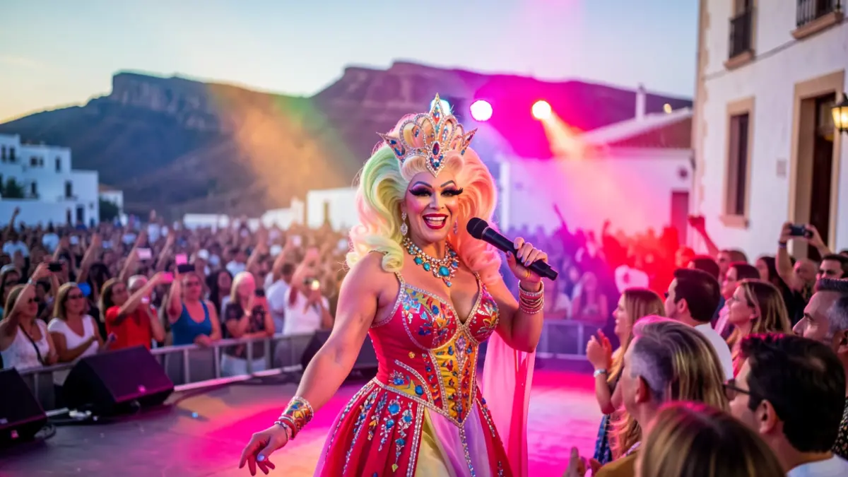 Imagen genérica de una actuación drag en un evento de orgullo, con luces de colores y público al fondo.
