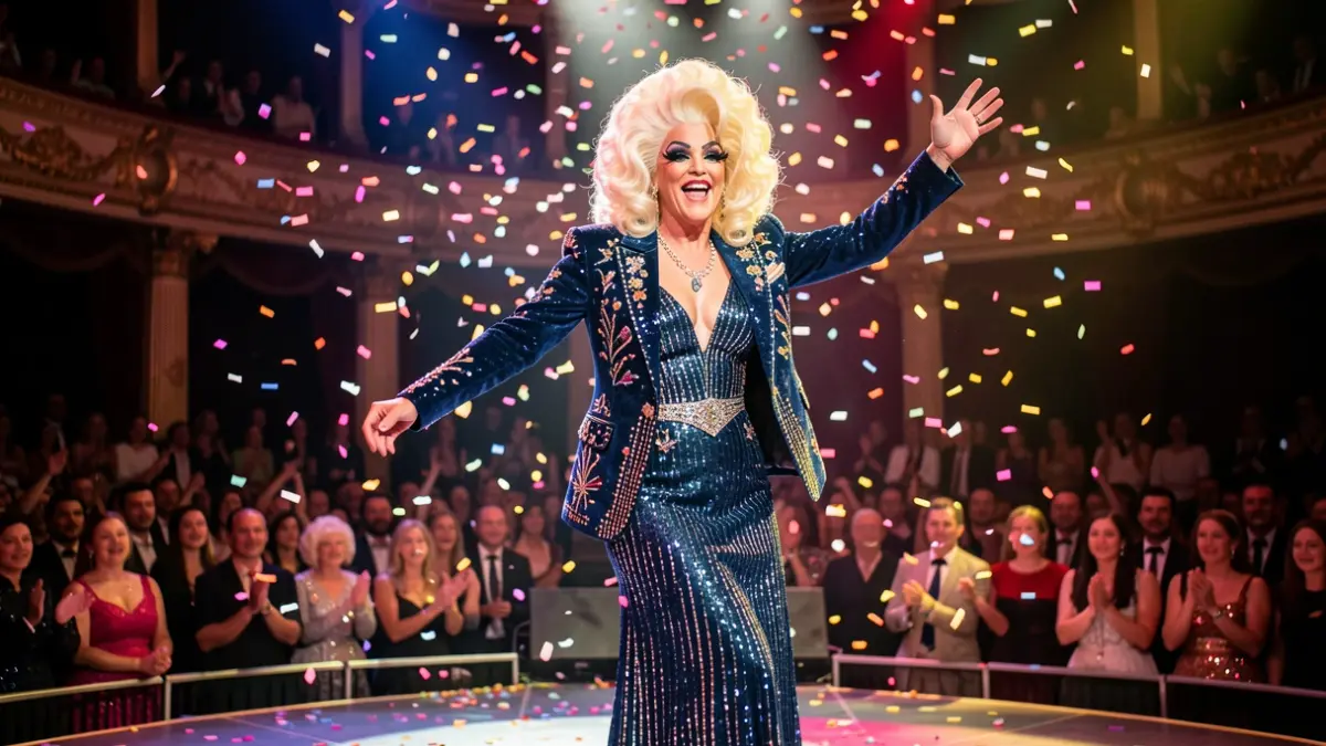 Image of a drag queen performing at Gáldar Pride, with references to Elvis Presley and Las Vegas.