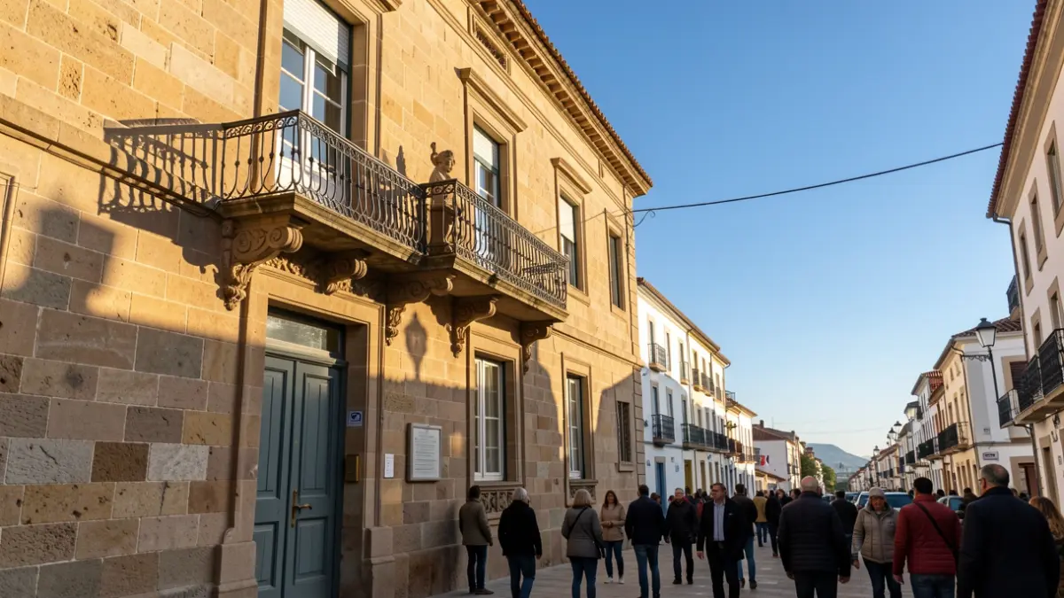 Stone facade of a Canarias town hall with ornate balcony and iron railings, warm afternoon sunlight casting shadows on the sandstone walls, blue sky.