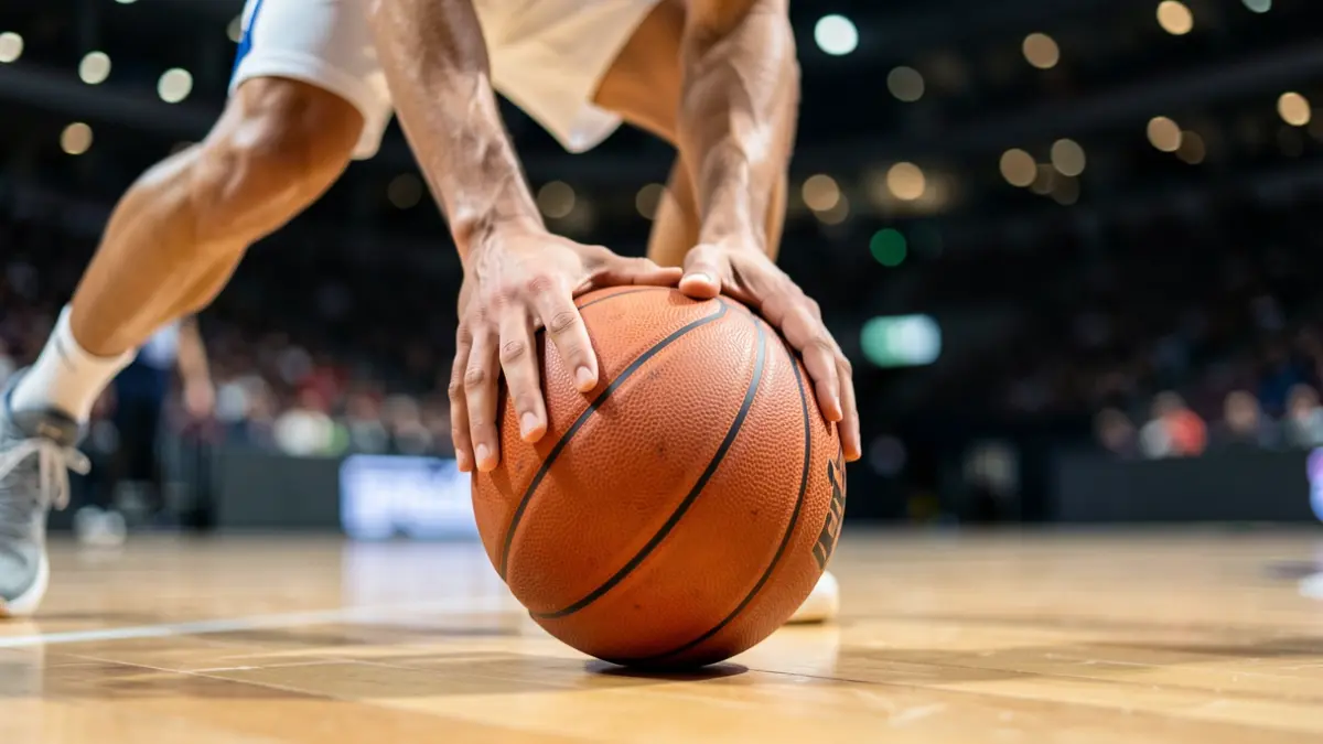 Close-up of a basketball being dribbled on a court, with blurred stadium lights in the background.