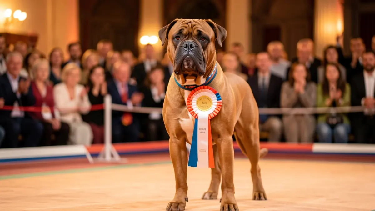 Imagen de un perro Presa Canario con un lazo de campeón.