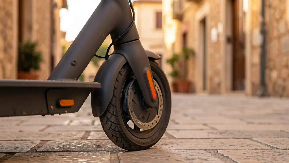 Wheel of an electric scooter parked on a stone sidewalk in the evening light.