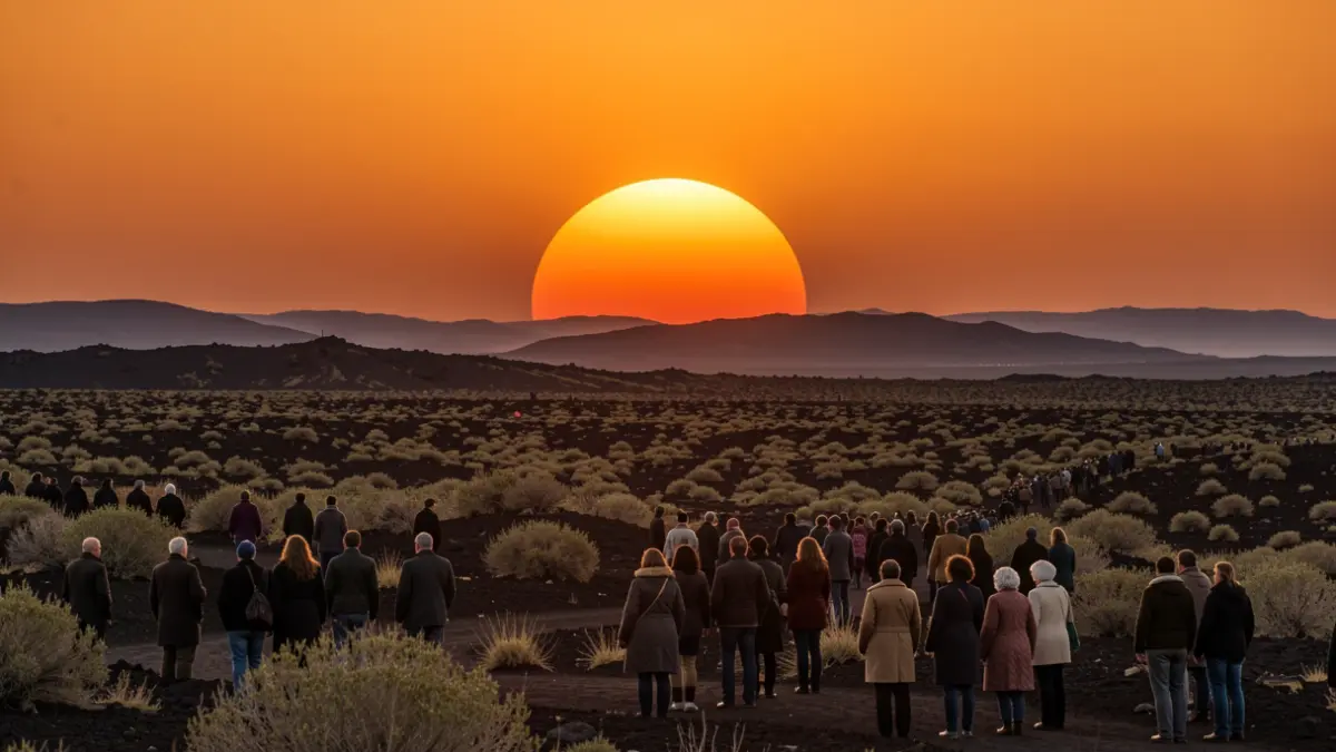 Generic image of a partial solar eclipse over a volcanic landscape at sunset.