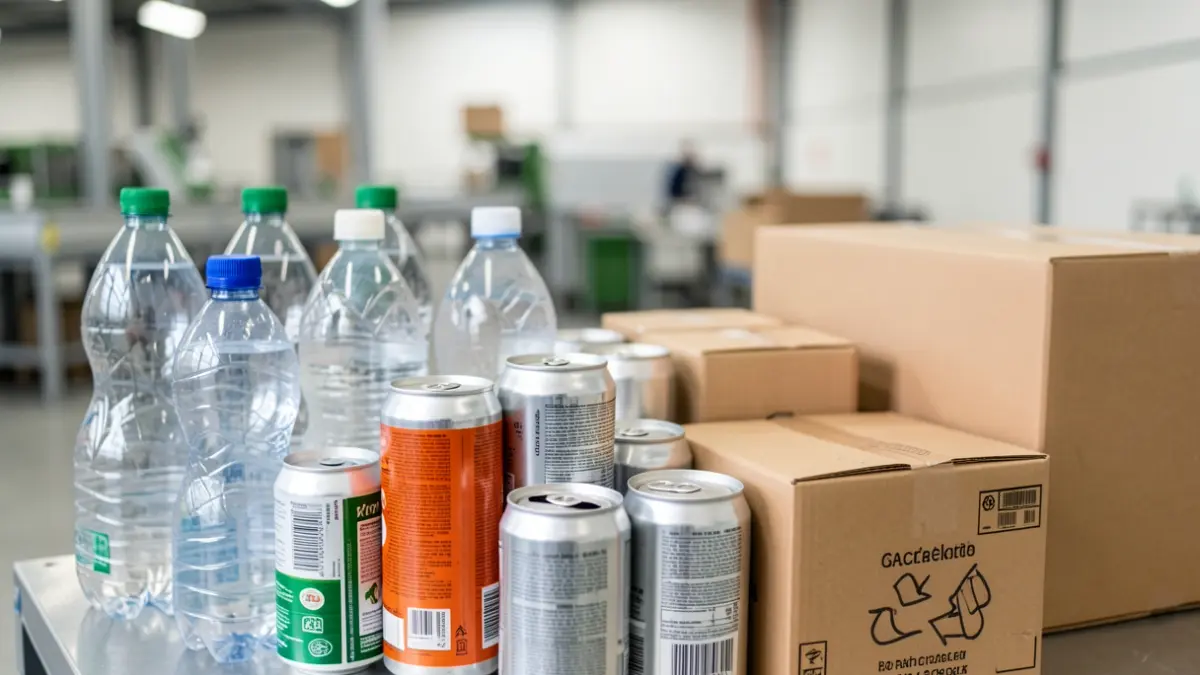 Imagen genérica de materiales reciclables como botellas de plástico, latas de metal y cajas de cartón.