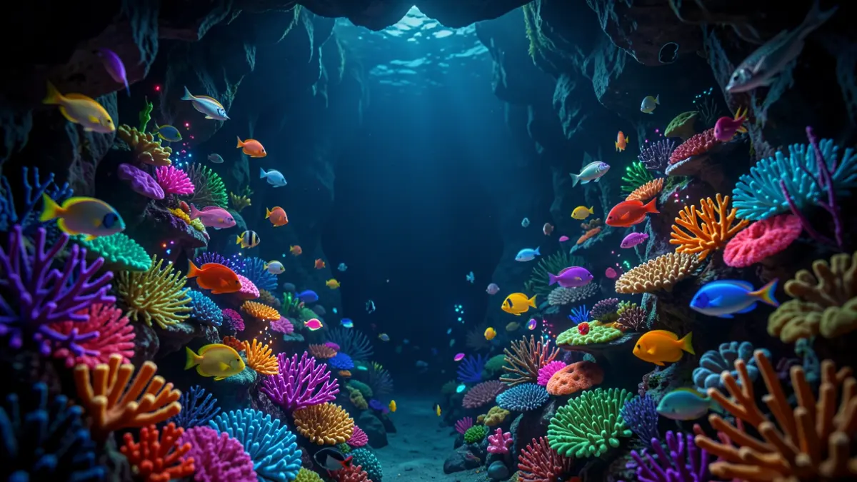 Image of a colorful coral reef ecosystem in the deep sea.