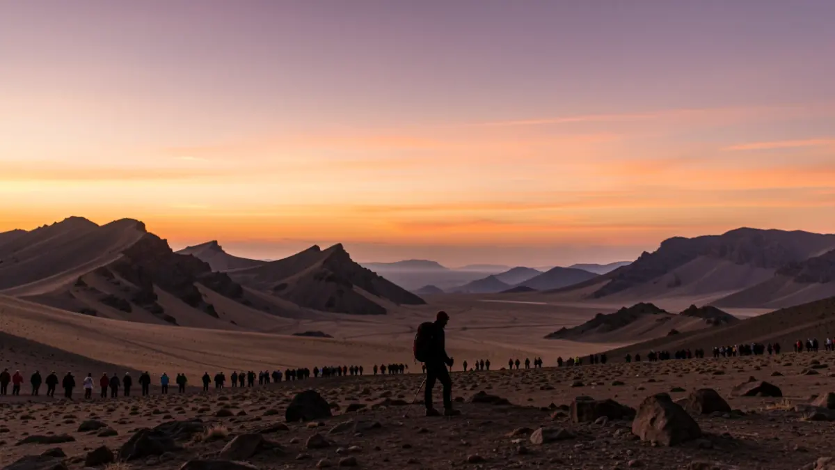 Imagen genérica de una alpinista solitaria en un paisaje montañoso árido al atardecer.