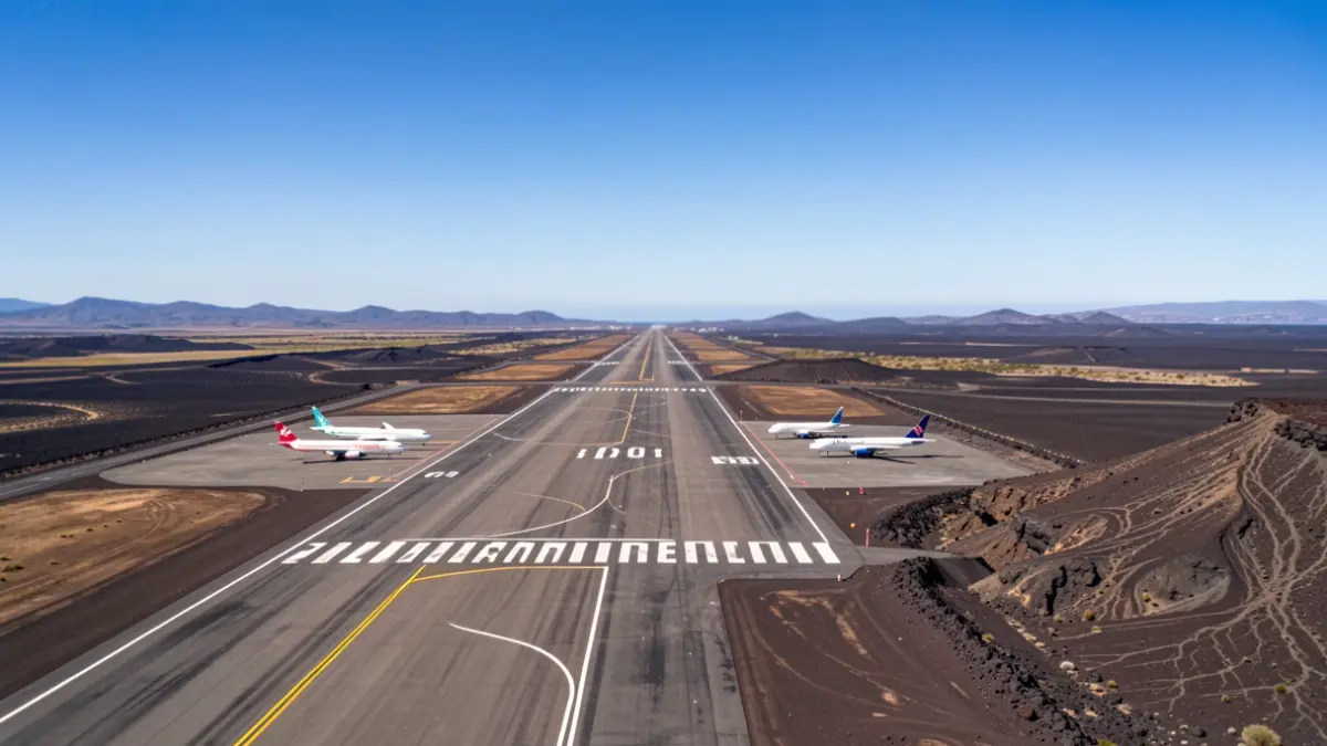 Vista aérea del aeropuerto de Lanzarote con aviones y paisaje volcánico.