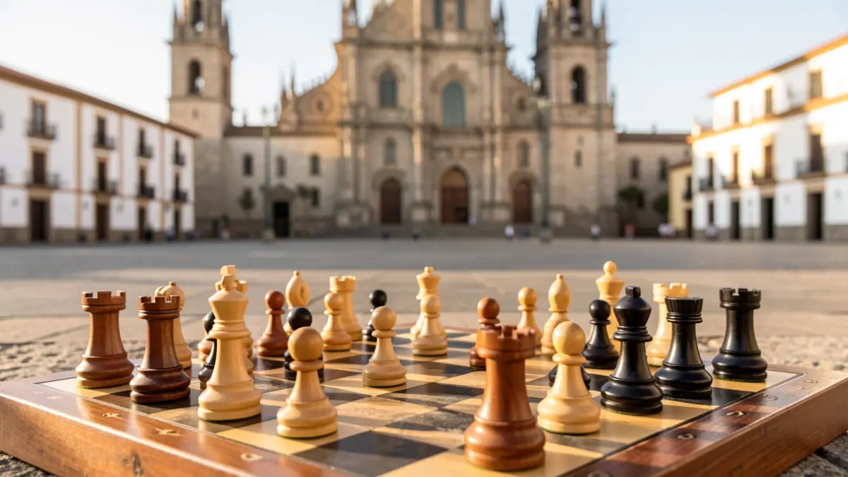 Chess pieces on a chessboard in Plaza de Santa Ana, Las Palmas de Gran Canaria.