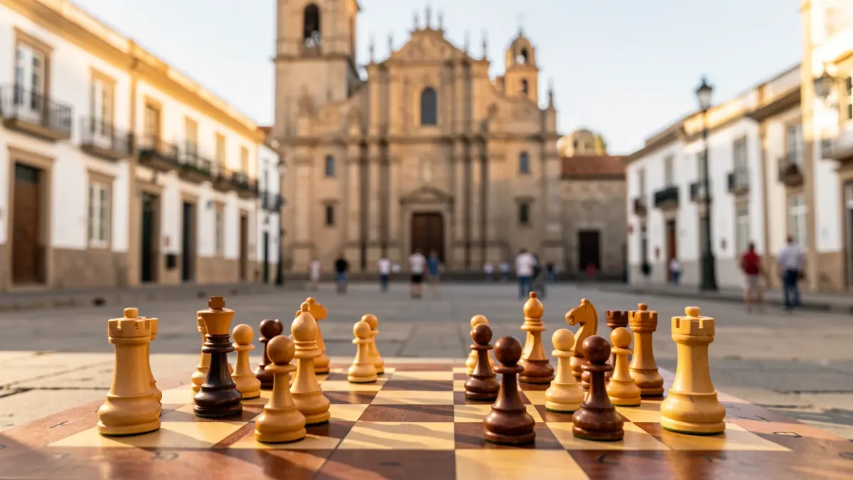 Piezas de ajedrez dispuestas en un tablero en la histórica Plaza de Santa Ana de Las Palmas de Gran Canaria, con la fachada de la catedral al fondo.
