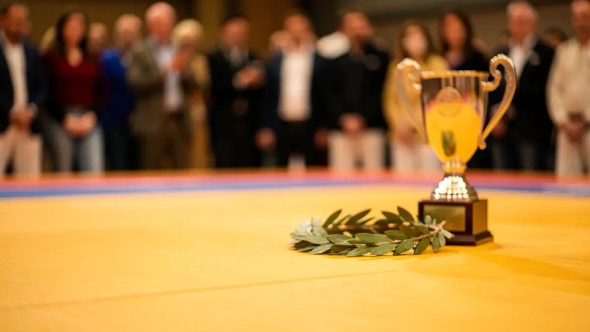 Generic image of a judo mat with a blurred trophy in the background.