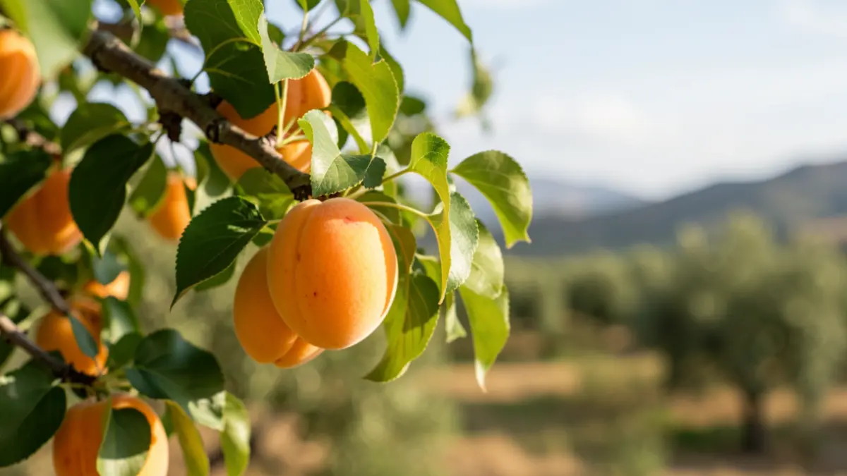 Primer plano de albaricoques maduros en una rama de árbol con hojas verdes y luz solar suave.