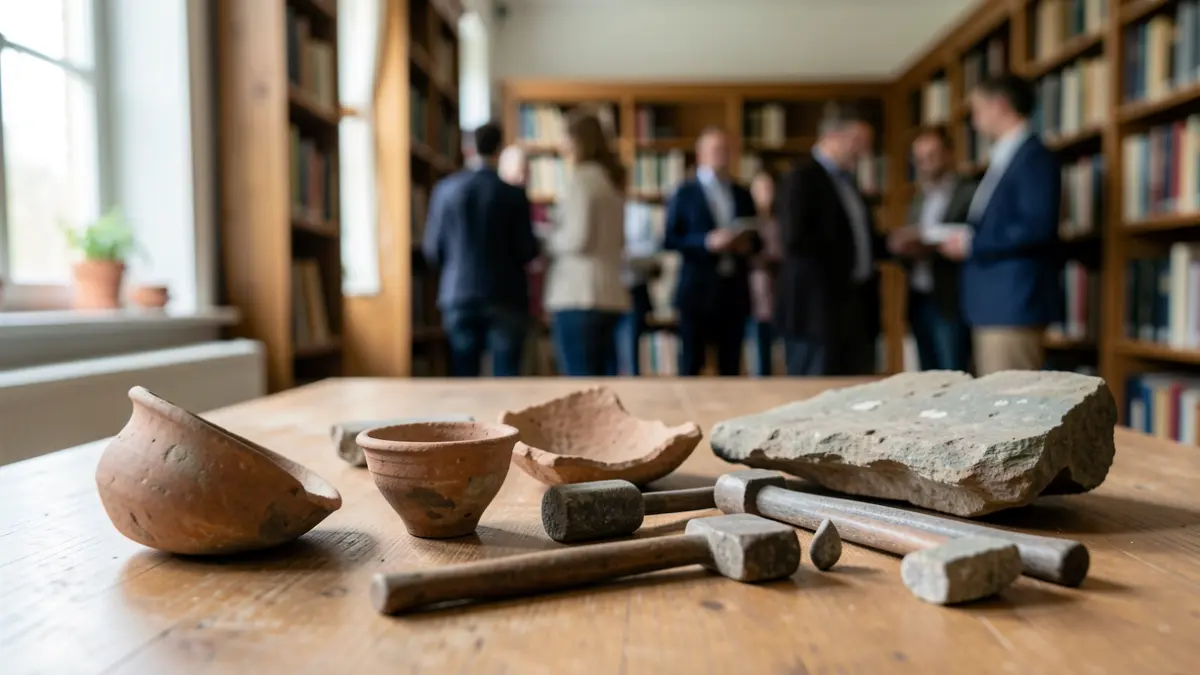 Imagen genérica de restos arqueológicos y herramientas de piedra sobre una mesa de estudio.