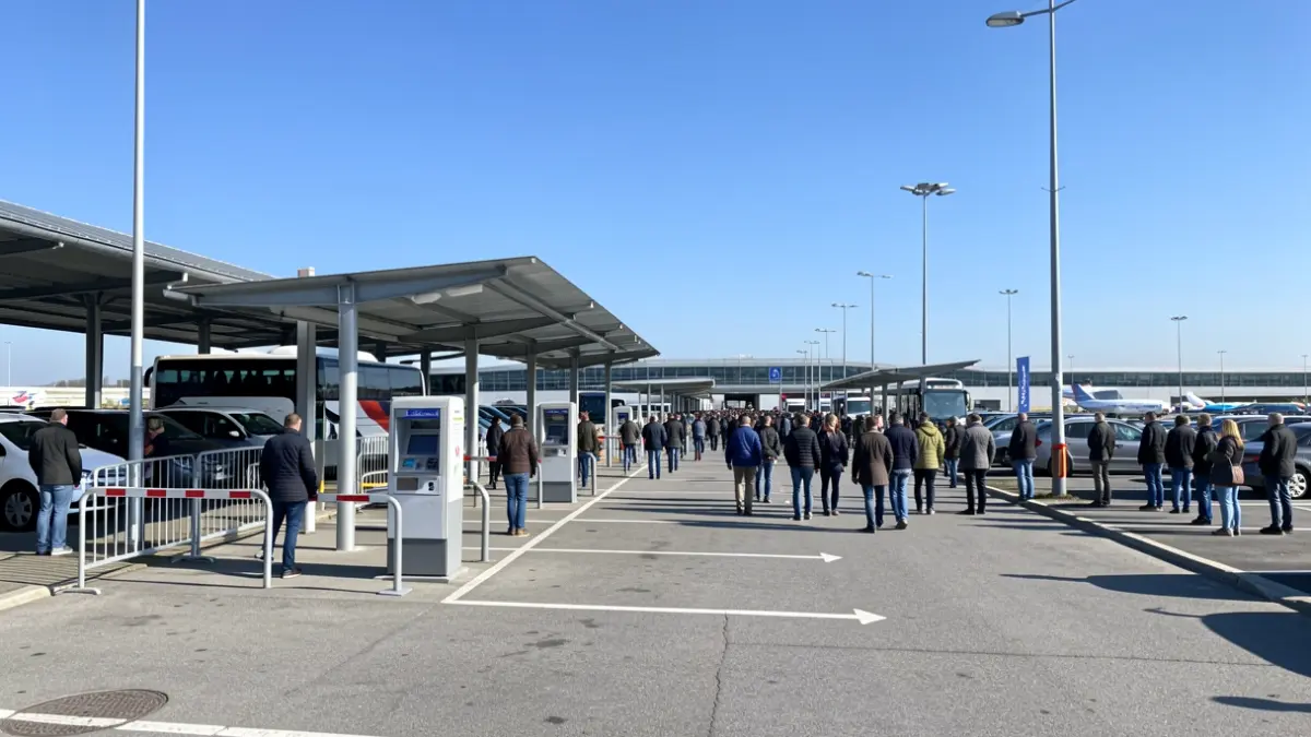 Generic image of a bus parking area at an airport with barriers and payment machines.