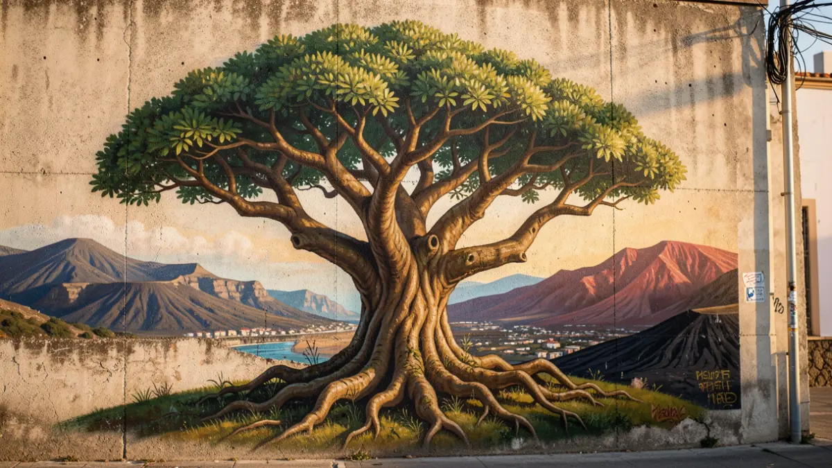 Mural of a dragon tree on a wall in Los Realejos.