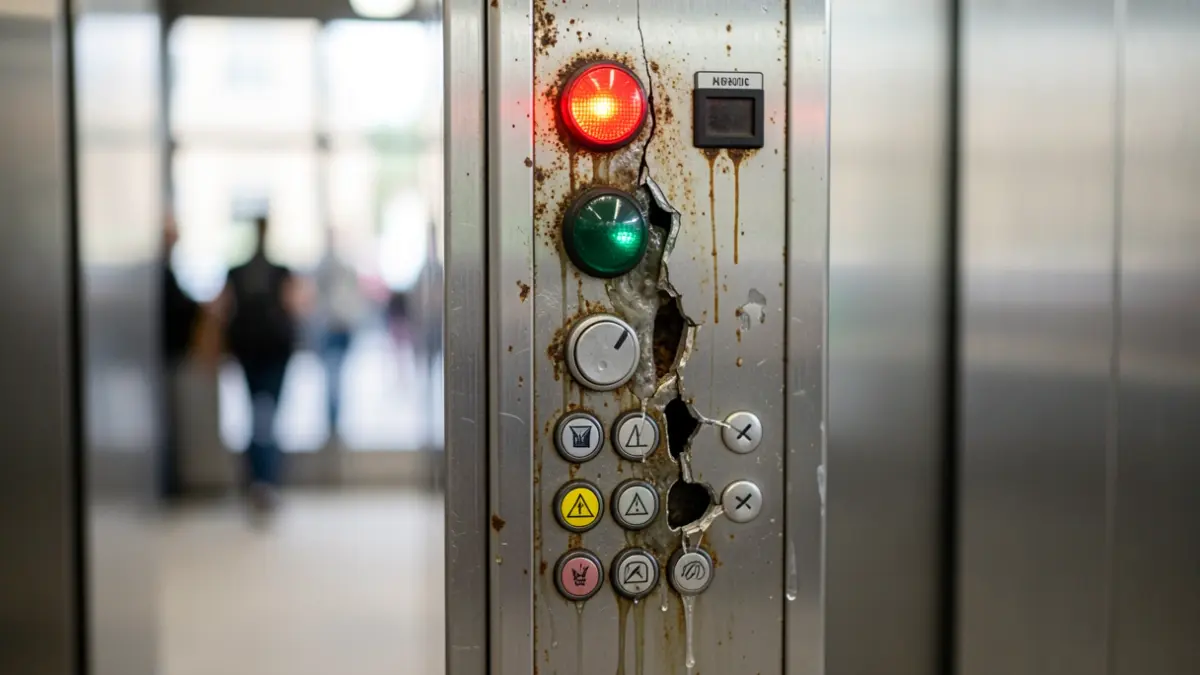 Damaged elevator control panel with warning lights.