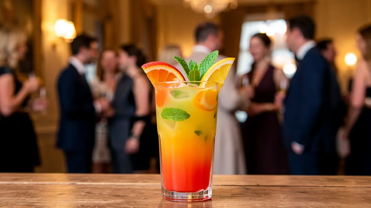 Imagen de un mocktail colorido y refrescante servido en un vaso alto con frutas y menta.