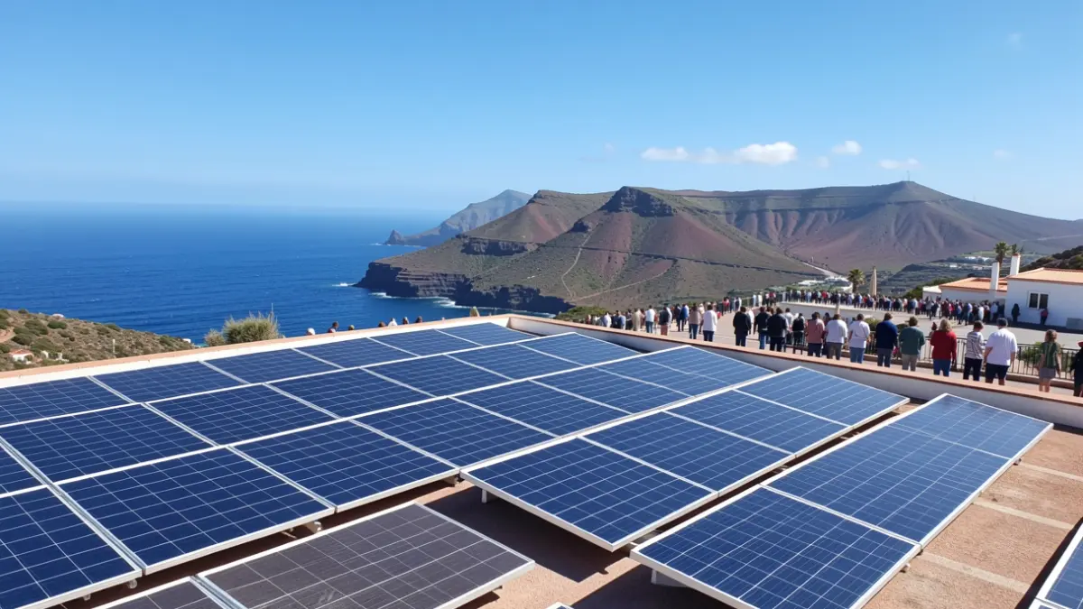 Solar panels on a Canary Islands rooftop with a view of the sea and volcanic landscape.