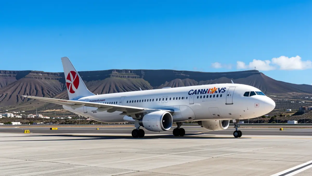 Airbus A320 aircraft on an airport runway with a volcanic landscape in the background.