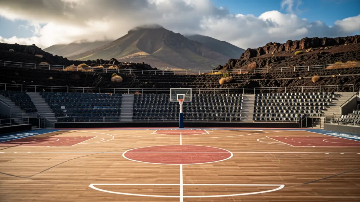Generic image of a basketball court in the Canary Islands with volcanic landscape in the background.