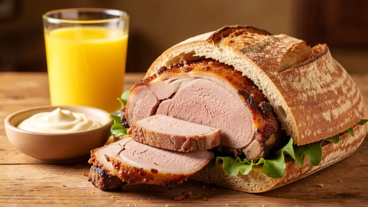 Primer plano de un bocadillo tradicional de pata asada con pan artesanal y alioli.