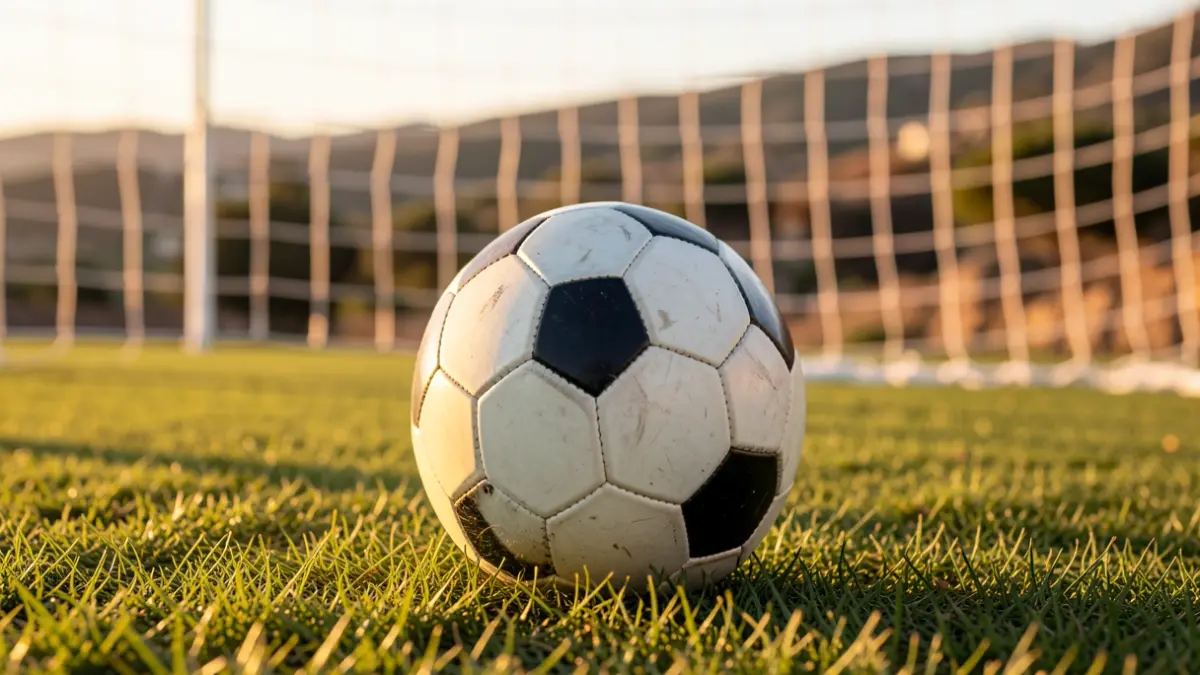 Primer plano de un balón de fútbol sobre césped recién cortado, con la red de la portería desenfocada al fondo y luz dorada.