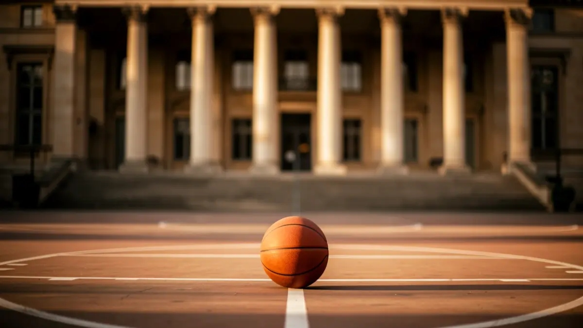 Imagen genérica de una cancha de baloncesto vacía con un balón en el centro y un edificio institucional al fondo.