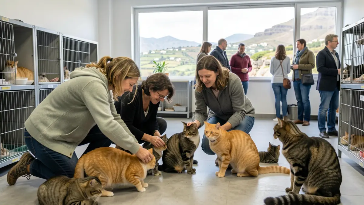 Image of volunteers caring for cats in a shelter in La Palma.