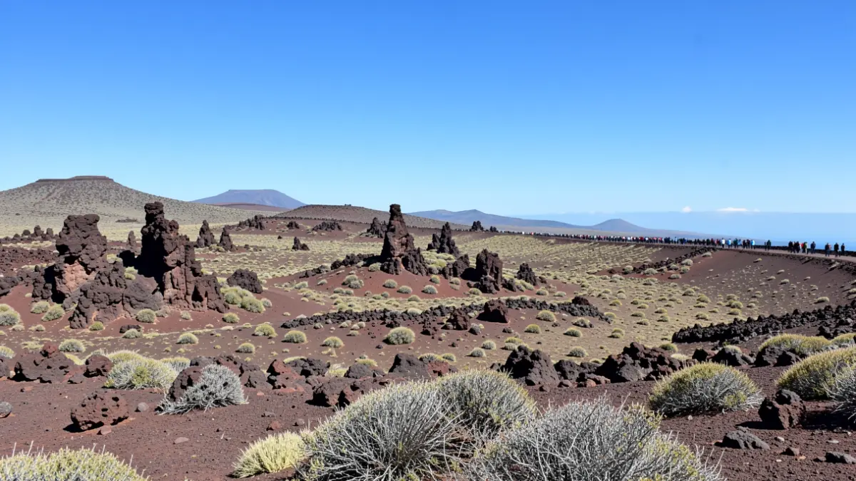Volcanic landscape of the Teide National Park under a clear sky.