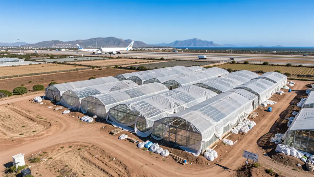 Aerial view of abandoned greenhouses covered in plastic sheeting in a rural area near Gran Canaria airport.