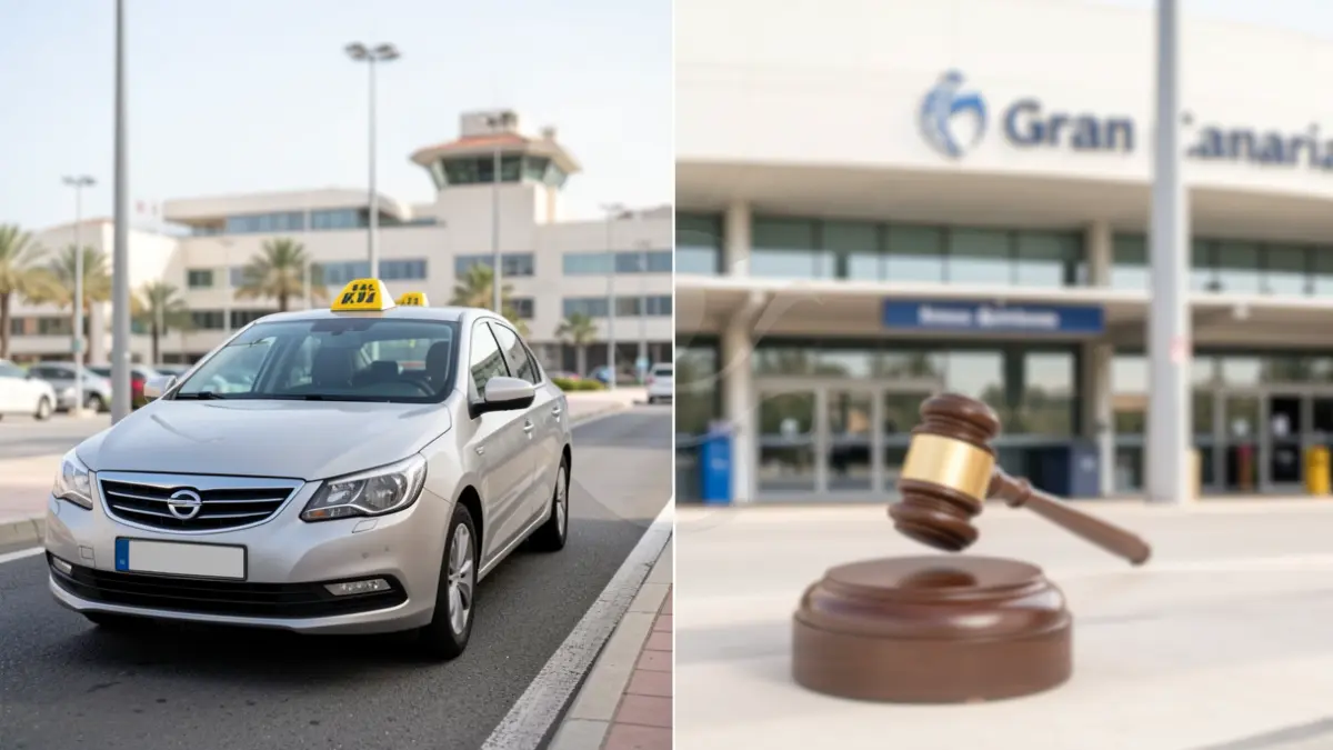 Split image of a taxi and Gran Canaria airport with a legal symbol.