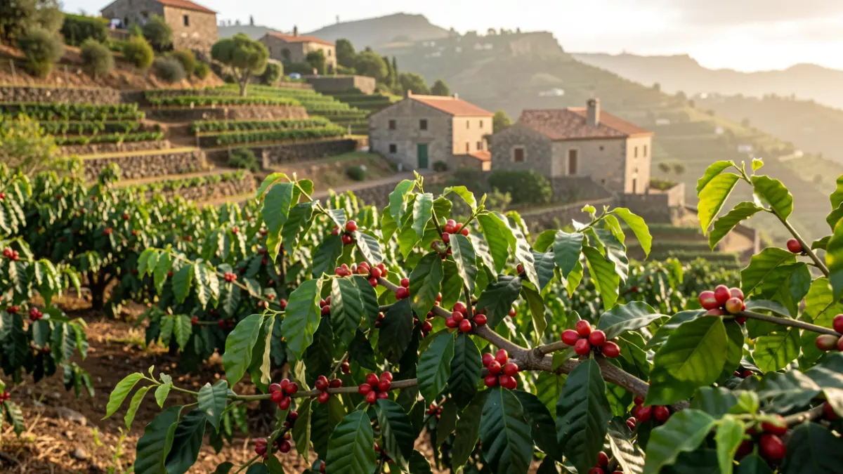 Coffee plantations in the Agaete Valley, Gran Canaria, with traditional stone houses.
