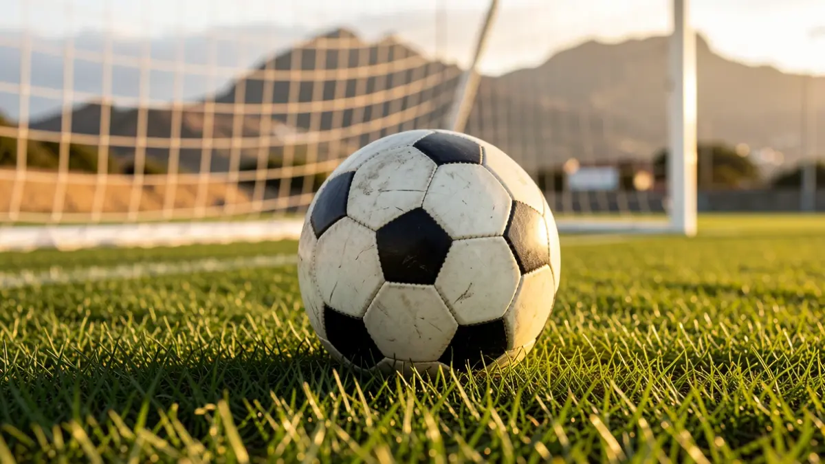 Generic image of a soccer ball on grass with the goal net blurred.
