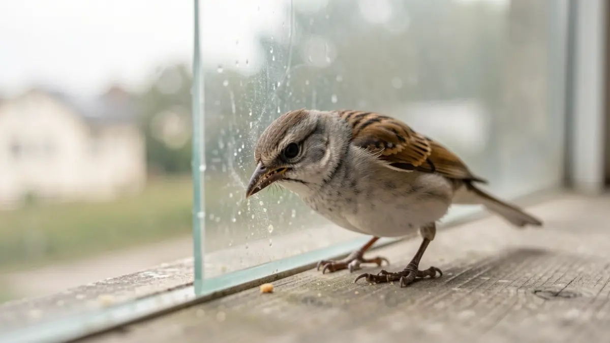 A bird attempting to peck fruitlessly at a transparent barrier, showing confusion due to heat.