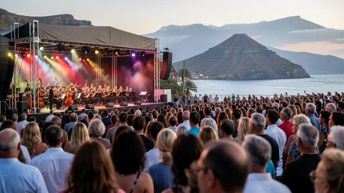 Generic image of a symphonic jazz concert in the Canary Islands with an orchestra and audience.