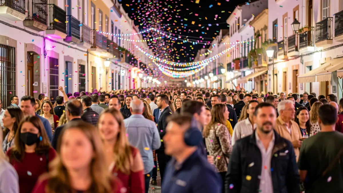 Generic image of a festive crowd with confetti and colorful lights.