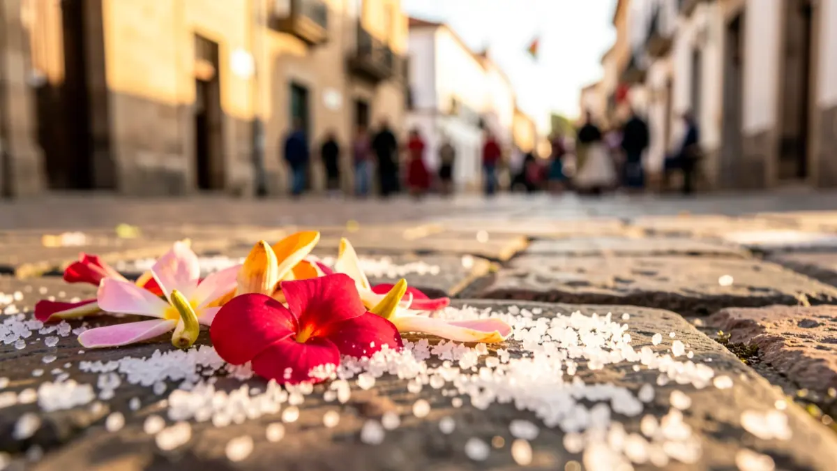 Detalle de una alfombra de flores y sal en las calles del casco histórico durante la festividad del Corpus Christi.