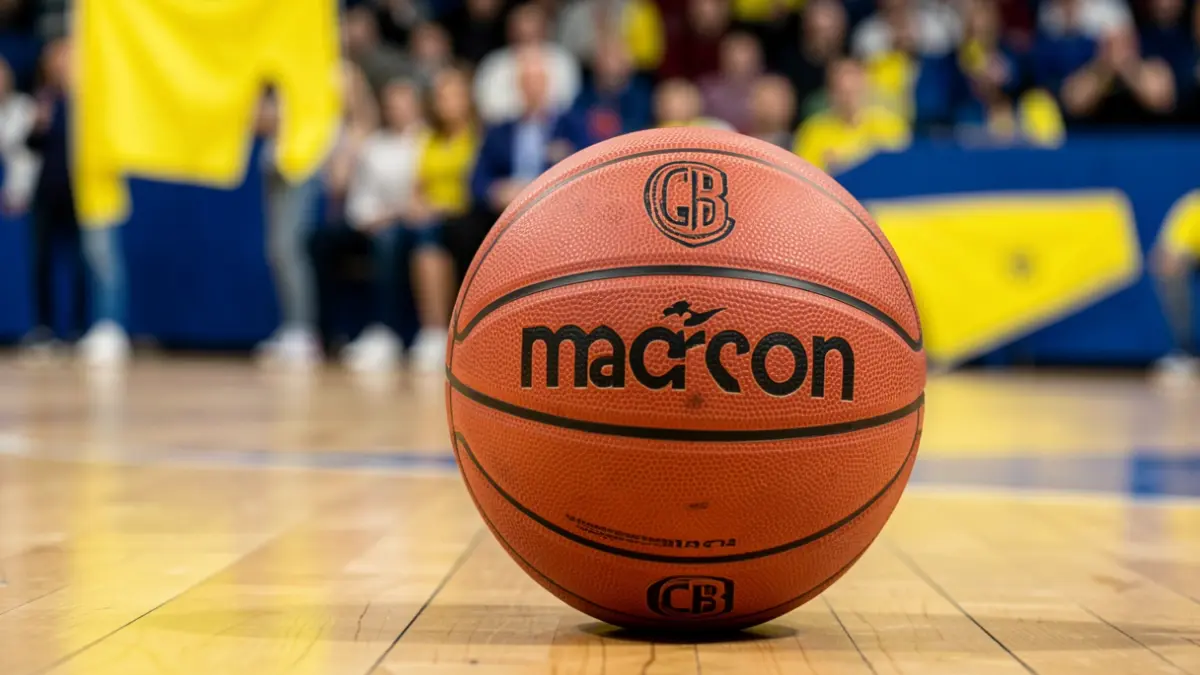 Close-up of a basketball with the Macron logo on a wooden floor, with blurred yellow and blue details in the background.
