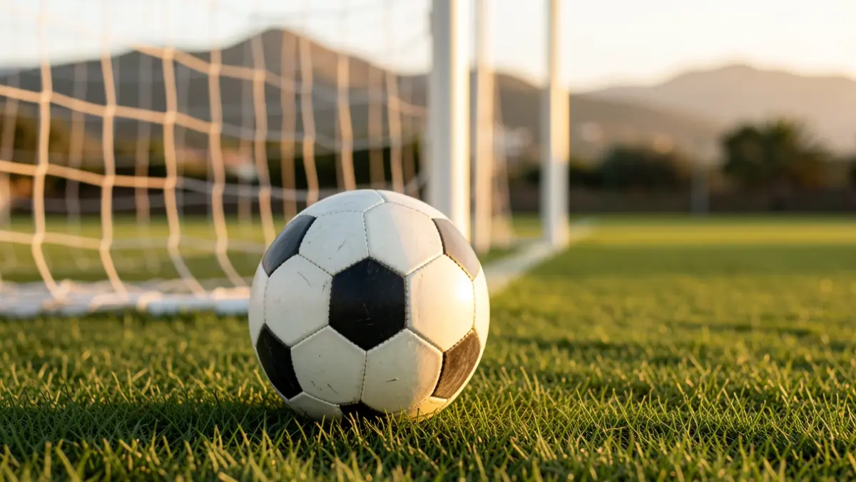 Imagen genérica de un balón de fútbol sobre césped con la red de portería desenfocada.