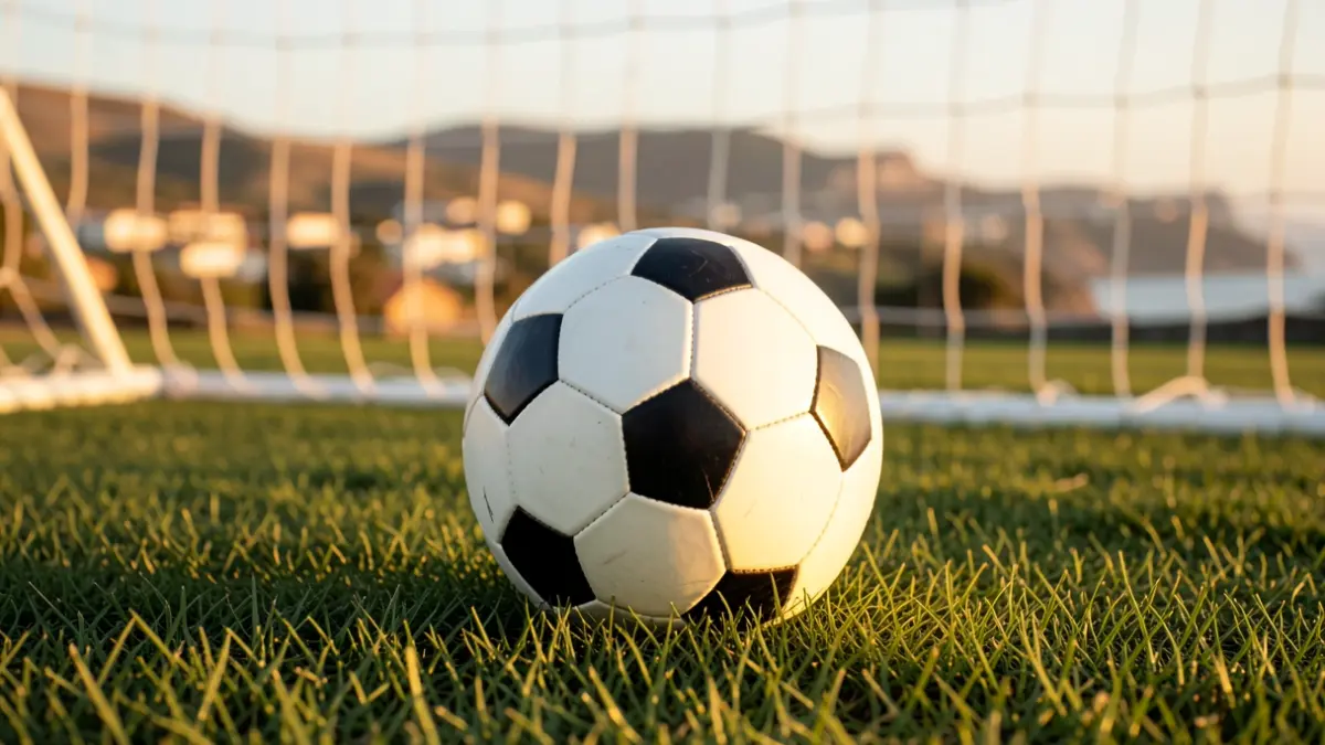 Generic image of a soccer ball on grass with the goal net blurred in the background.