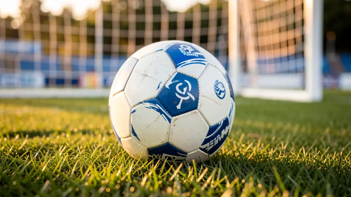 Generic image of a soccer ball on grass with the goal net out of focus.