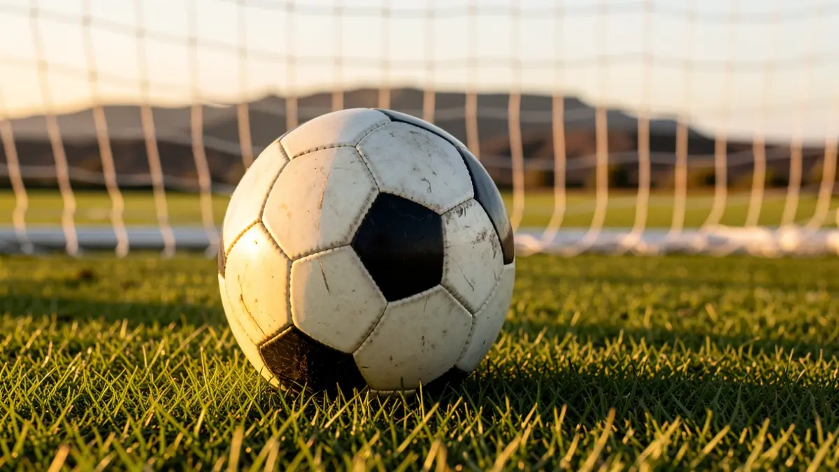 Primer plano de un balón de fútbol sobre césped, con la red de la portería desenfocada al fondo y luz dorada.