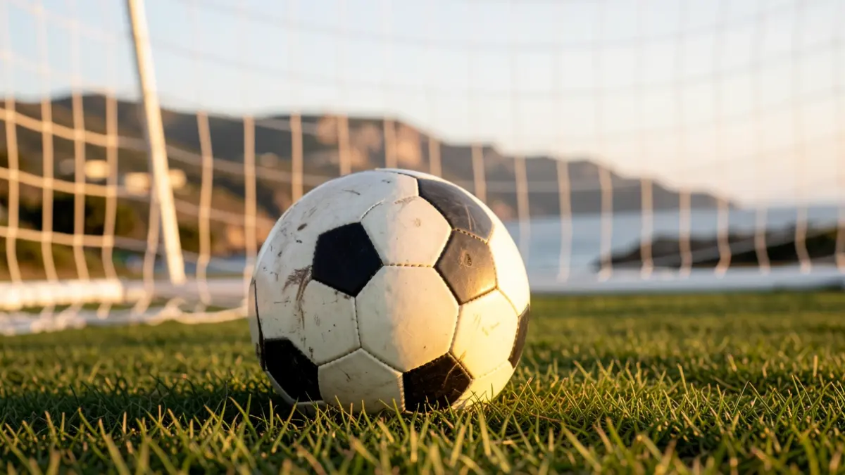 Imagen genérica de un balón de fútbol sobre césped con la red de portería desenfocada.