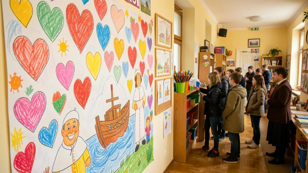 Mural colectivo de corazones y dibujos infantiles en un colegio como preparación para la visita del Papa.
