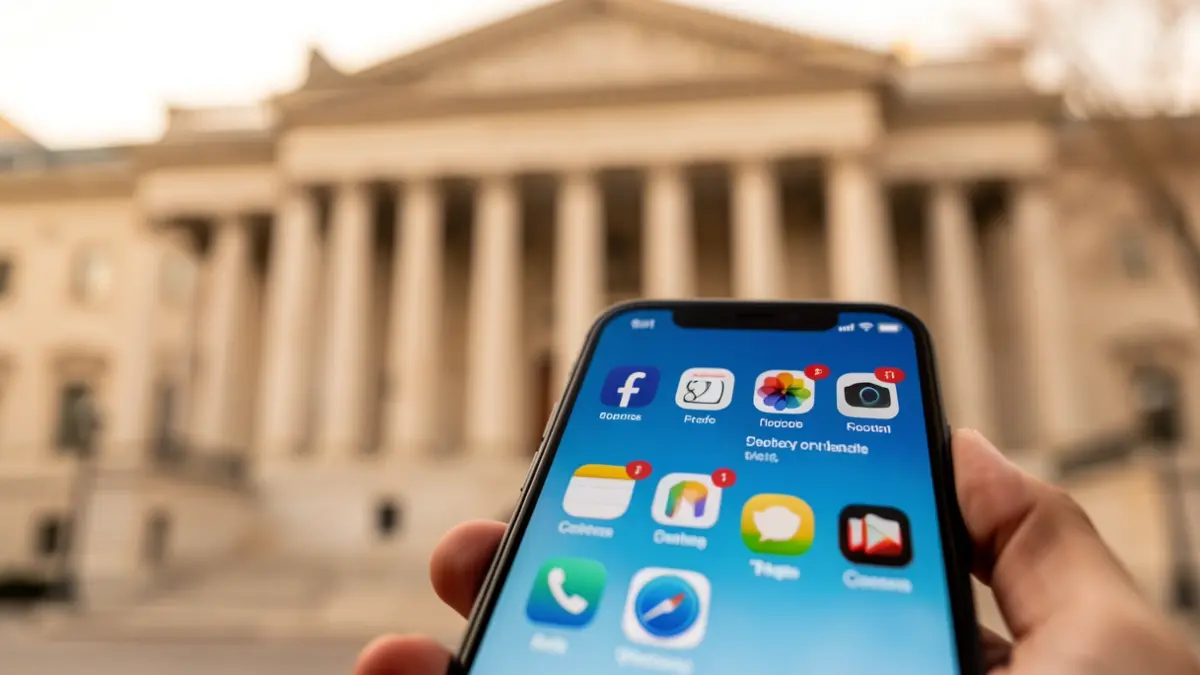 Generic image of a mobile phone displaying social media in front of an institutional building.